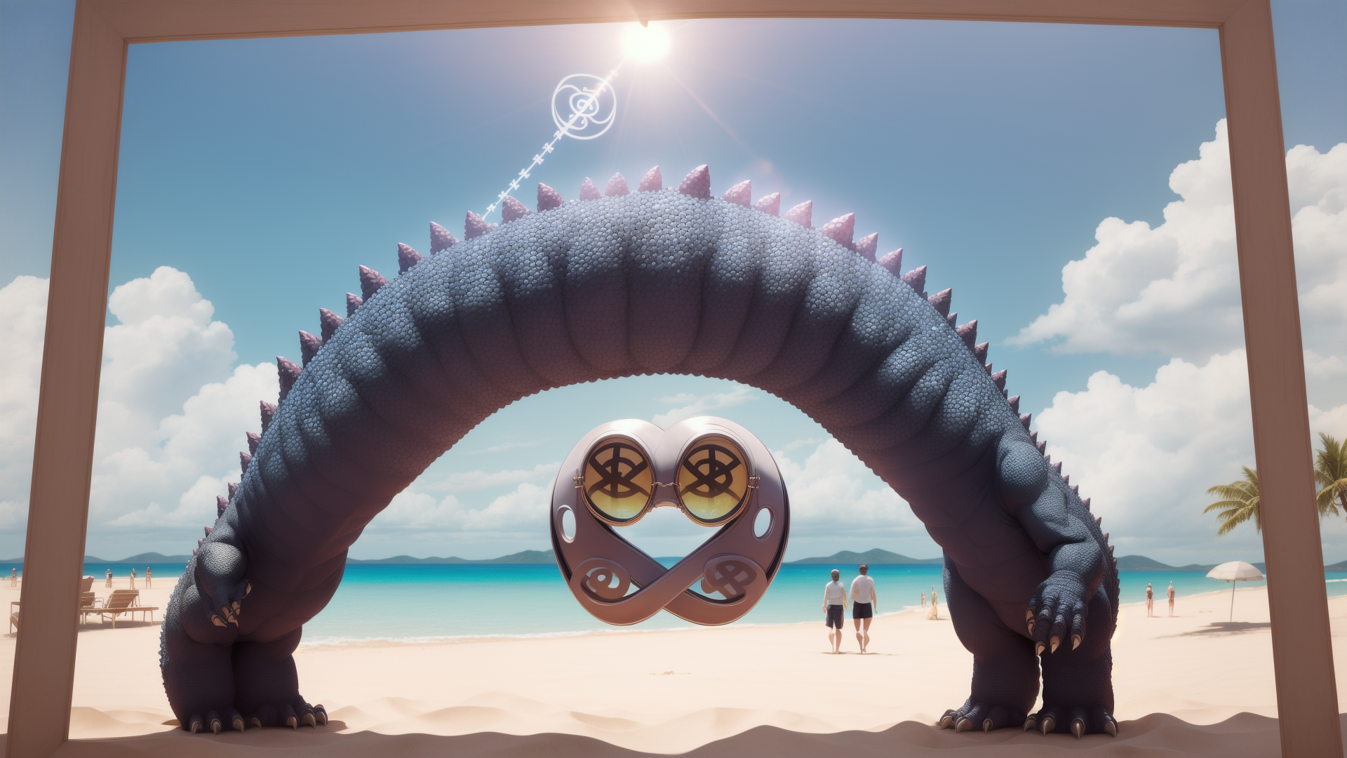 AI generated wallpaper featuring dragon, glasses, beach
