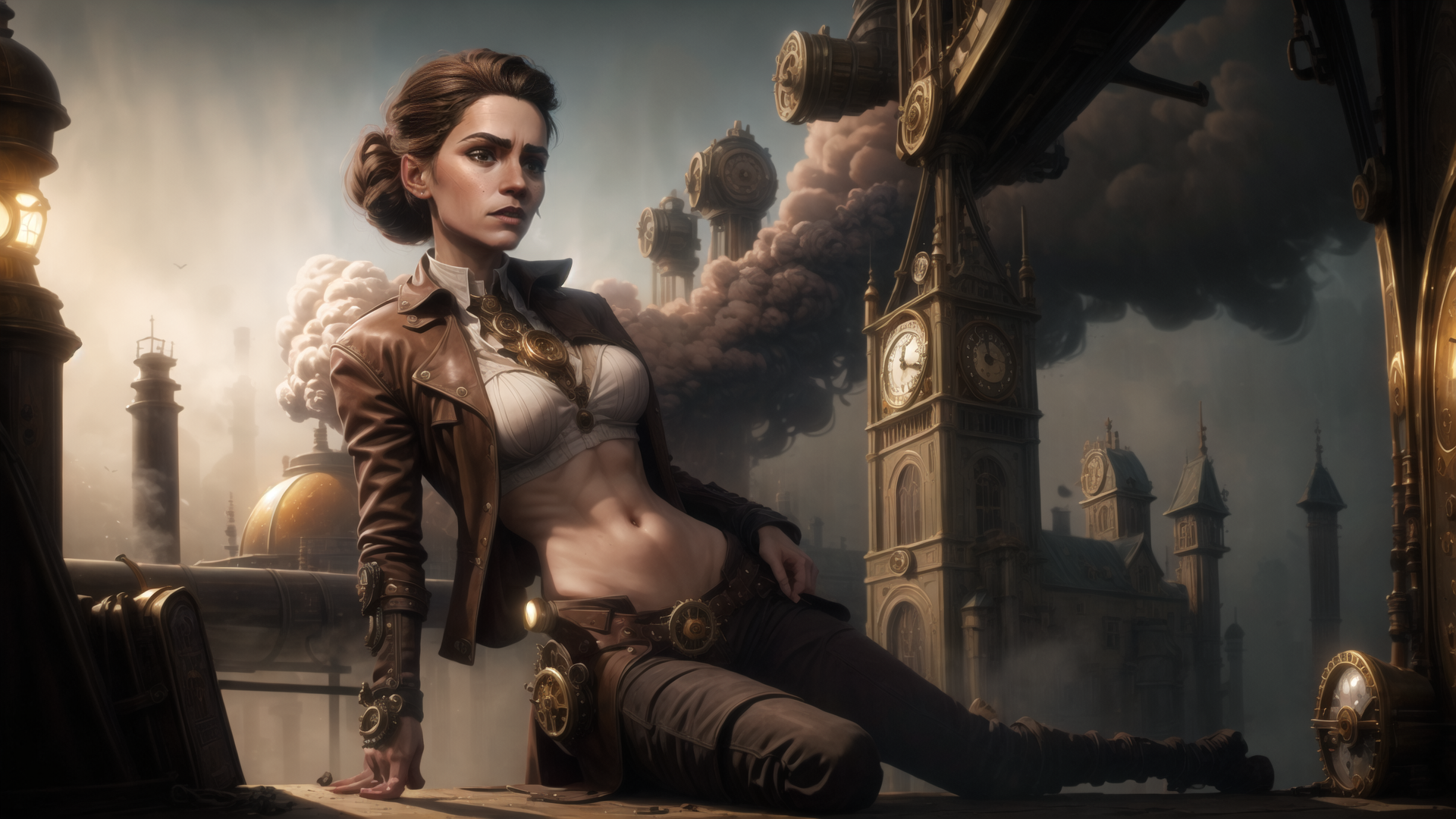 AI generated wallpaper featuring woman, clock tower, steampunk