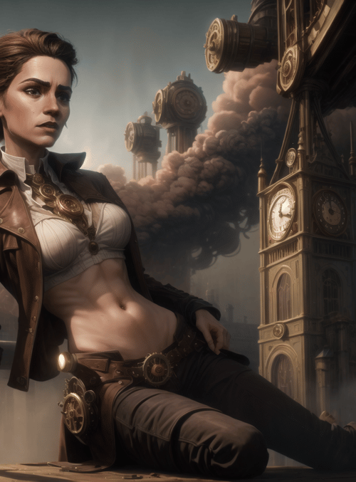 woman, clock tower, steampunk