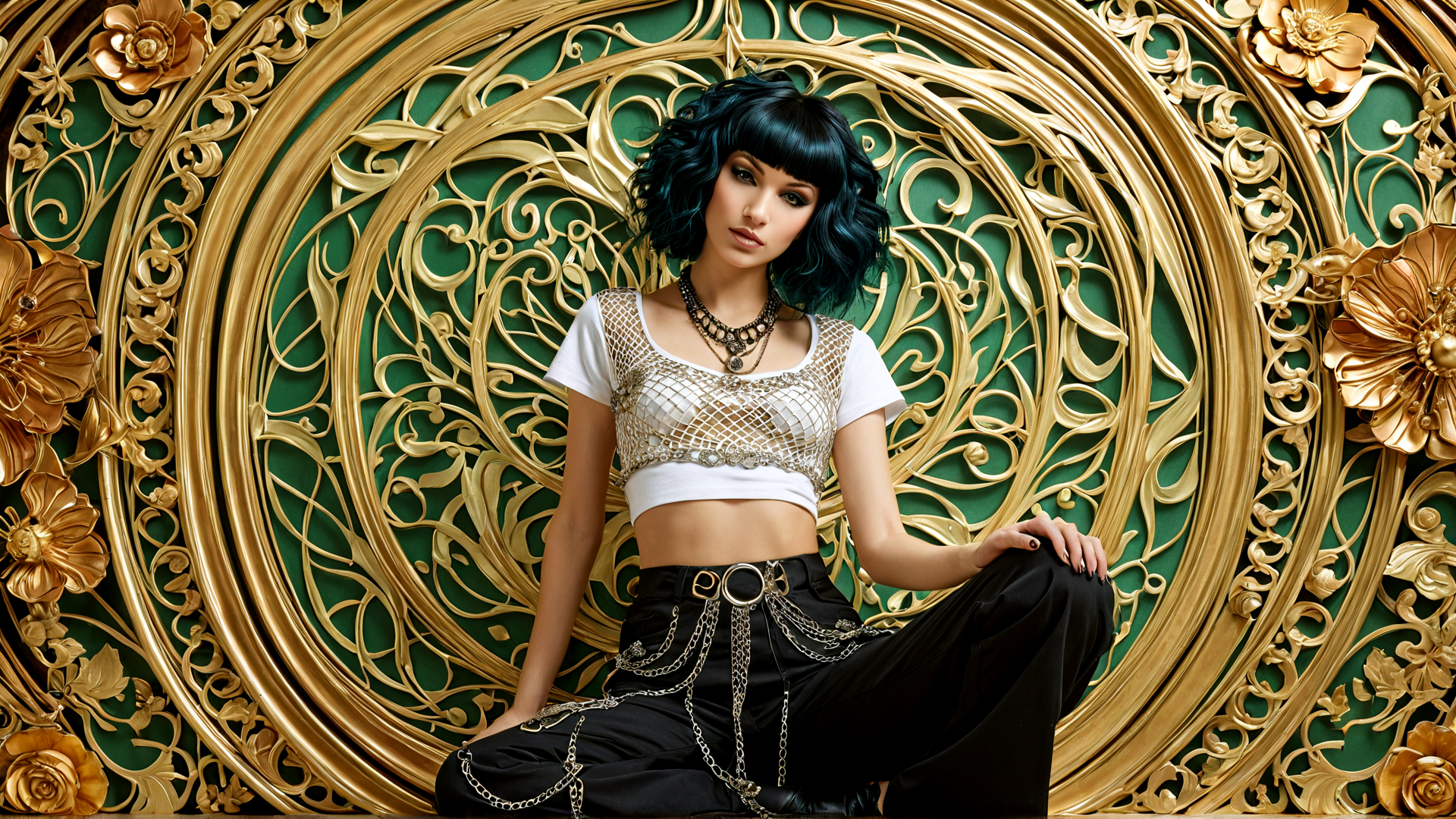AI generated wallpaper featuring woman, gold, green, chain, flower, metal, dress, pants, necklace, buckle