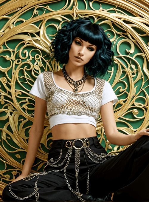woman, gold, green, chain, flower, metal, dress, pants, necklace, buckle