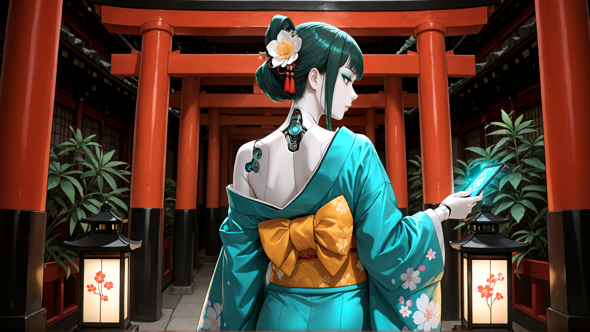 AI generated wallpaper featuring woman, robot, kimono, torii, lantern, flower