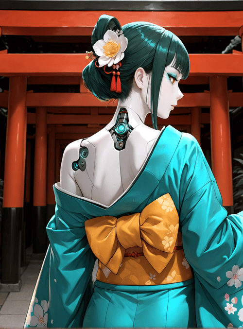 woman, robot, kimono, torii, lantern, flower