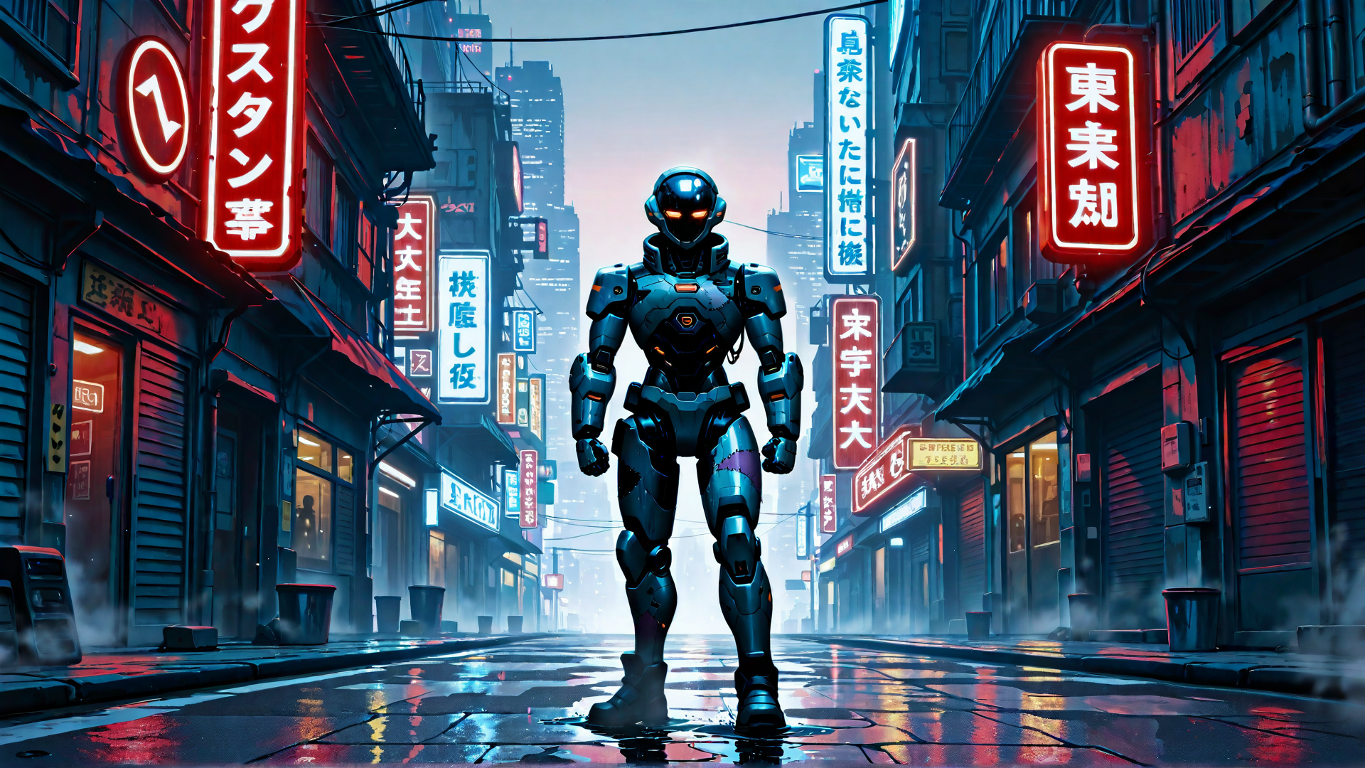 AI generated wallpaper featuring robot, neon, street