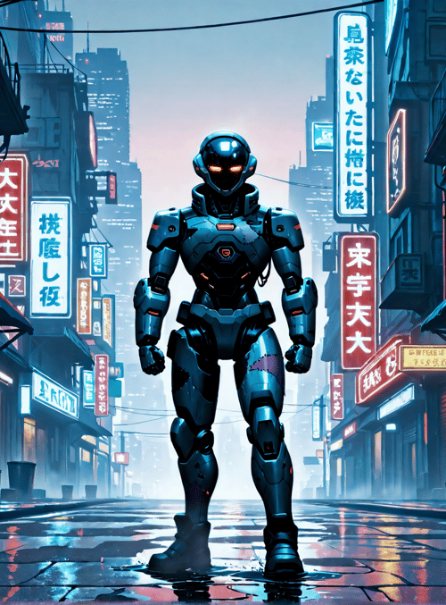 robot, neon, street