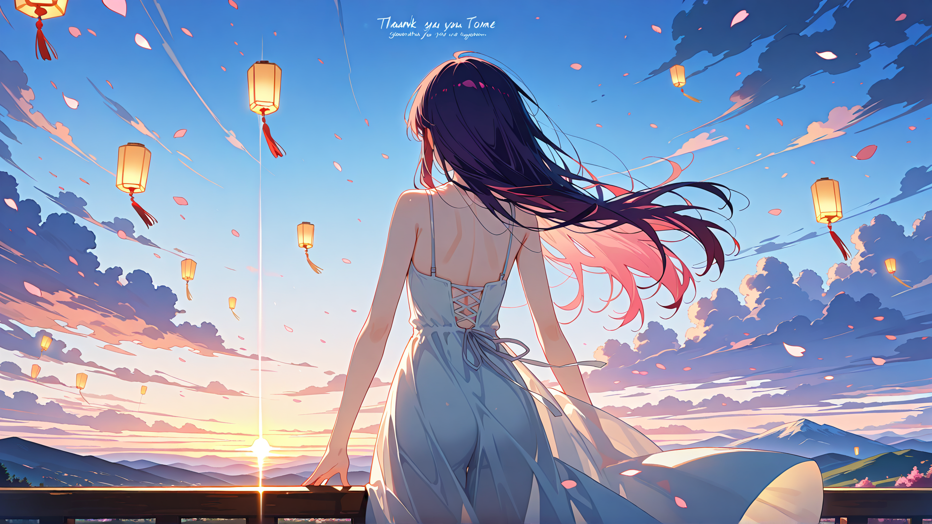 AI generated wallpaper featuring woman, lanterns, petals