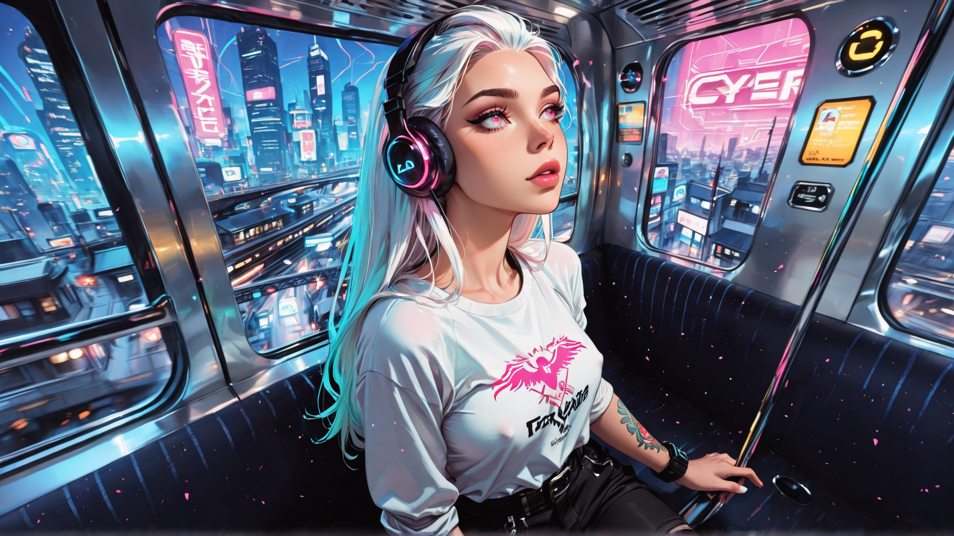 AI generated wallpaper featuring woman, cyberpunk, headphones, train, cityscape, tattoo, t-shirt, hair, neon, urban
