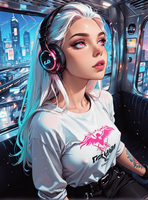 woman, cyberpunk, headphones, train, cityscape, tattoo, t-shirt, hair, neon, urban