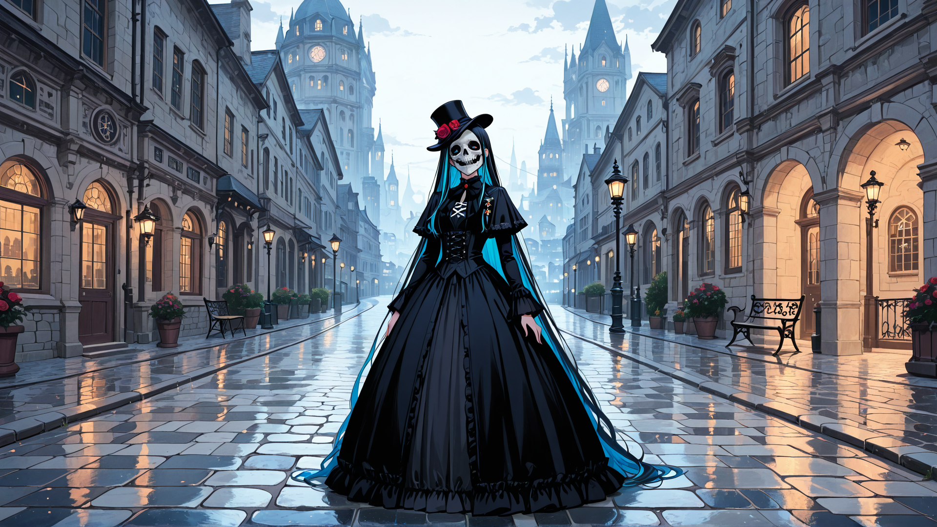 AI generated wallpaper featuring skeleton, woman, dress, street, buildings, cityscape, hat, flowers, lanterns, gloves