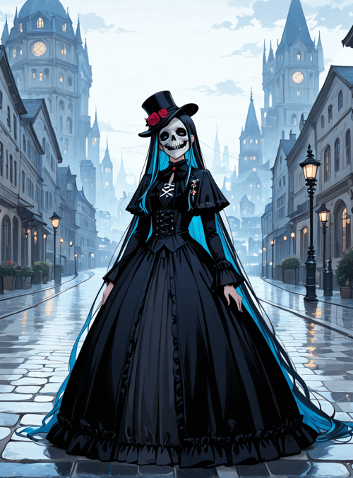skeleton, woman, dress, street, buildings, cityscape, hat, flowers, lanterns, gloves