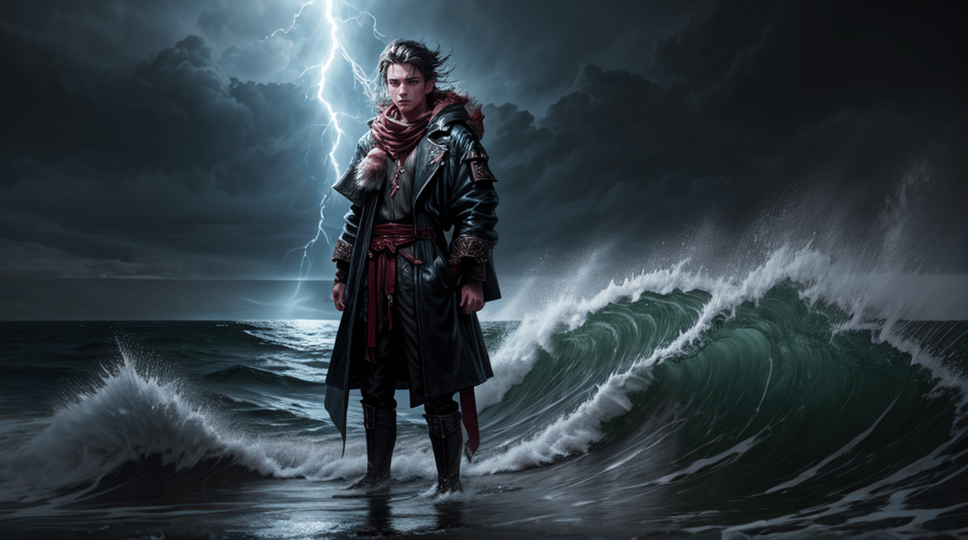 AI generated wallpaper featuring person, ocean, lightning