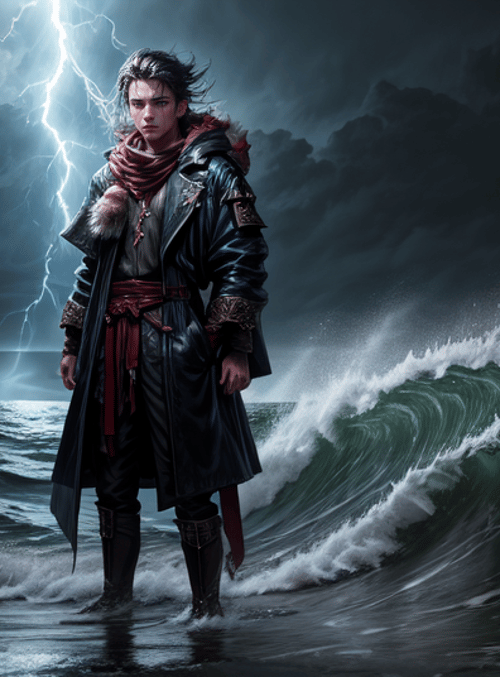 person, ocean, lightning