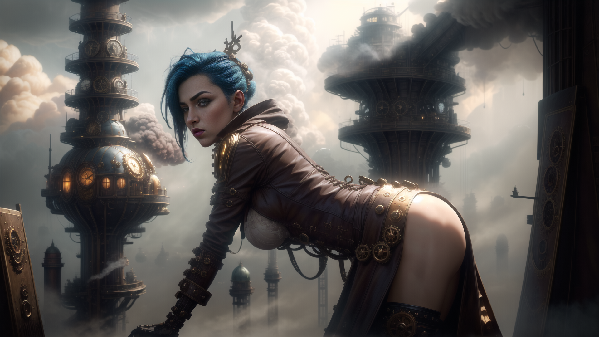 AI generated wallpaper featuring woman, steampunk, clock tower