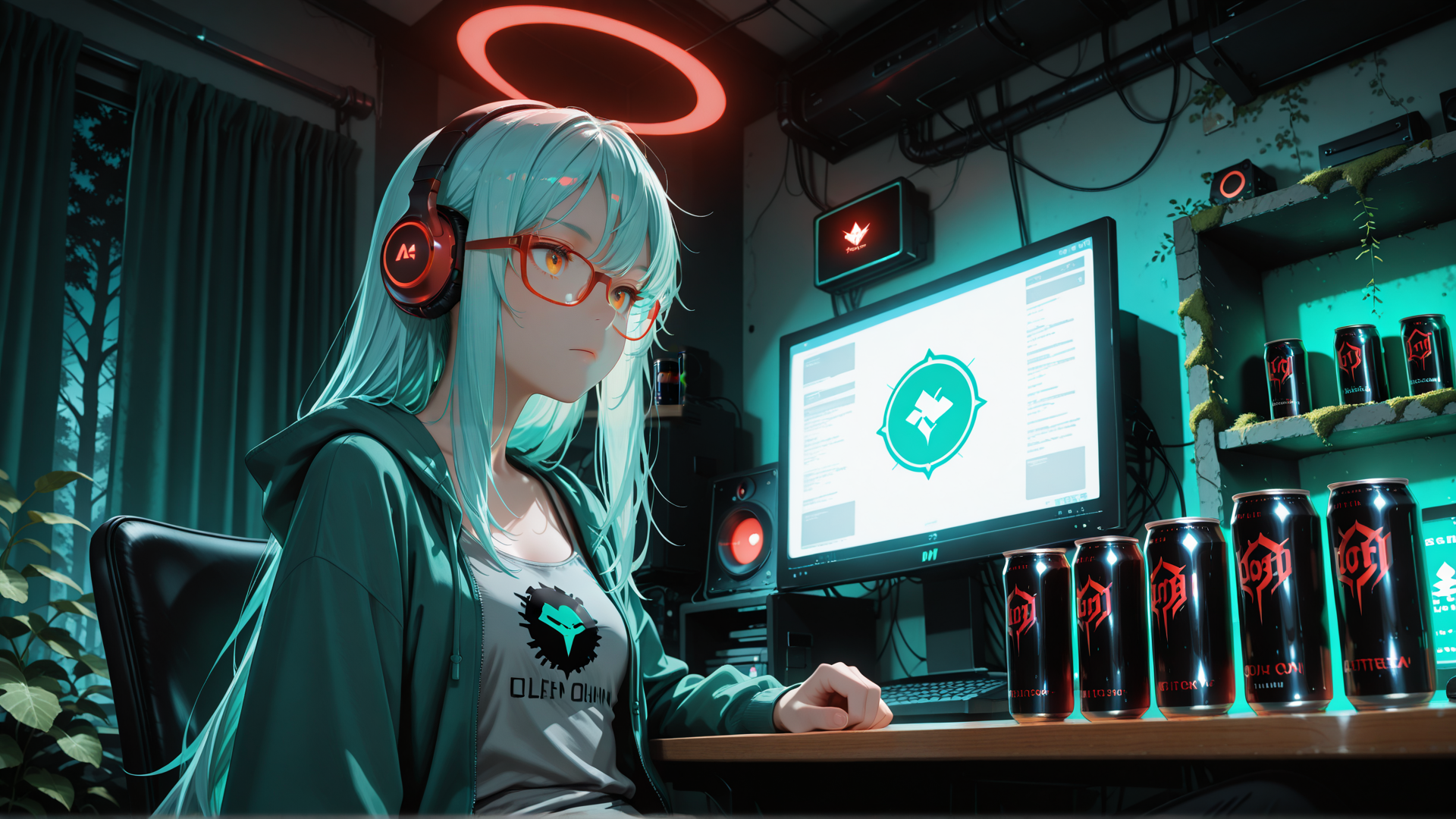 AI generated wallpaper featuring girl, headphones, computer, cans, monitor, glasses, hoodie, plants, curtains, shelf