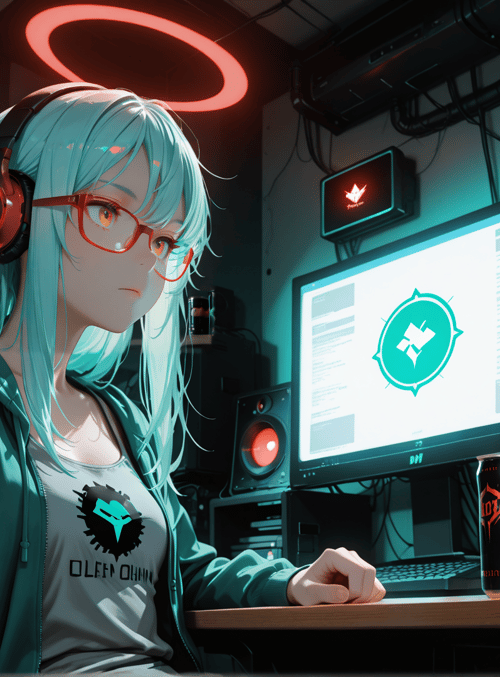 girl, headphones, computer, cans, monitor, glasses, hoodie, plants, curtains, shelf