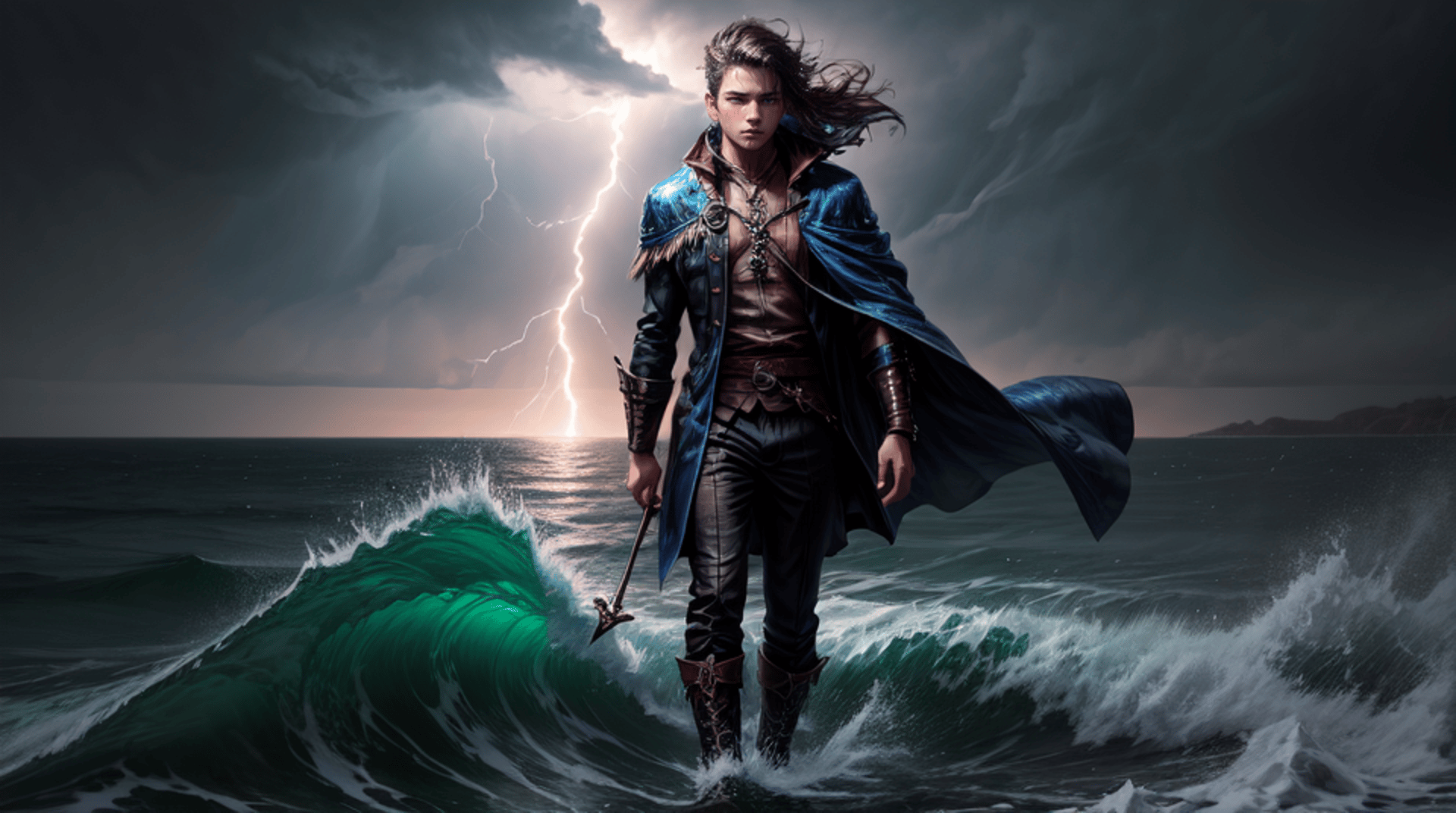 AI generated wallpaper featuring man, storm, ocean
