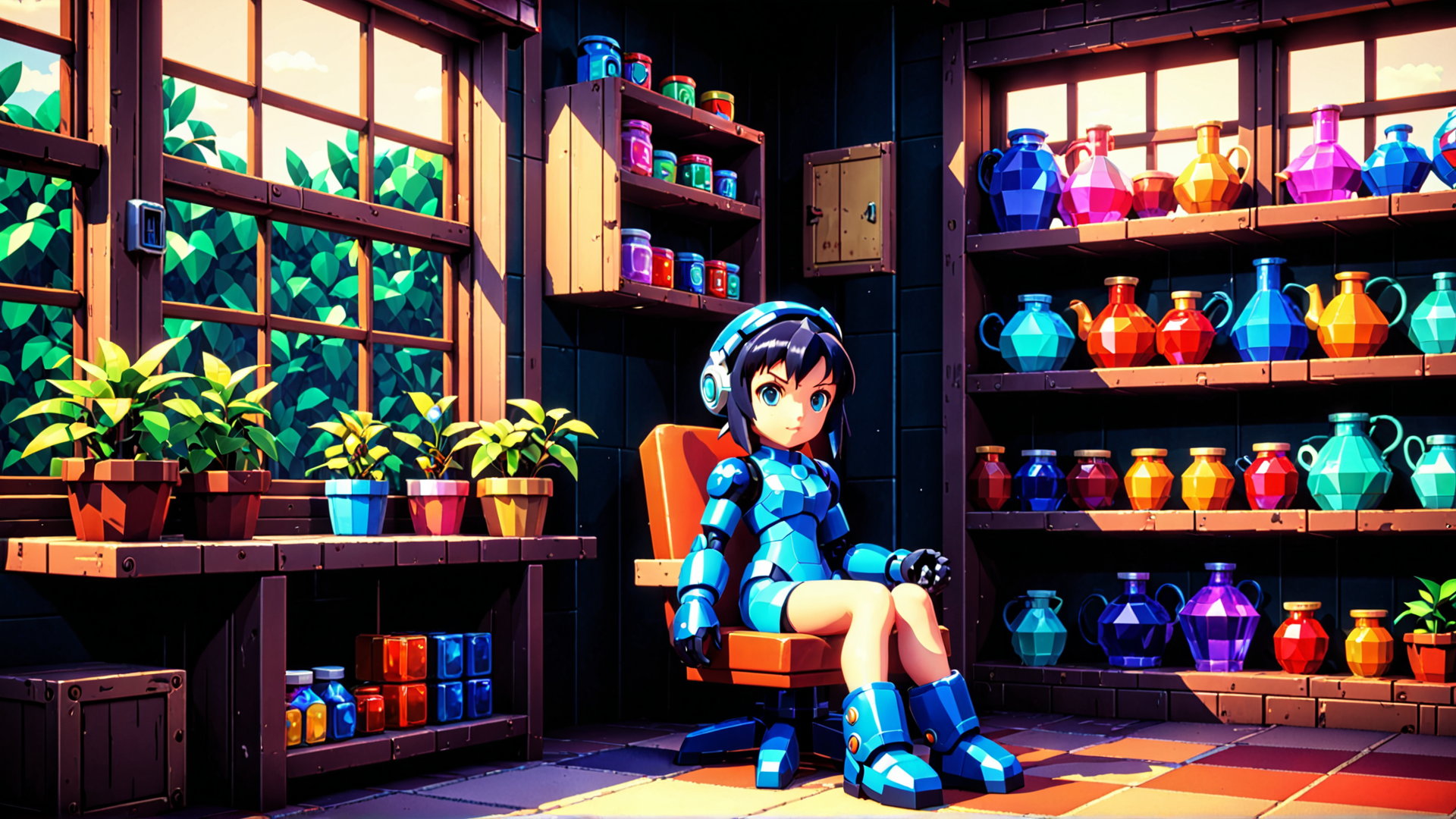 AI generated wallpaper featuring girl, robot, plant, pot, shelf, vase