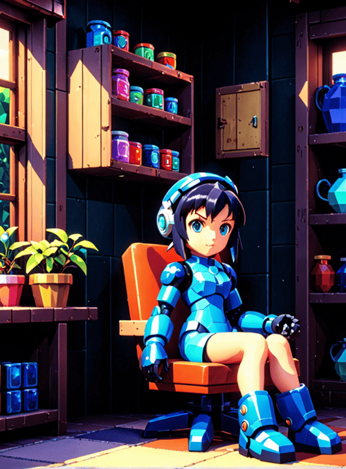 girl, robot, plant, pot, shelf, vase