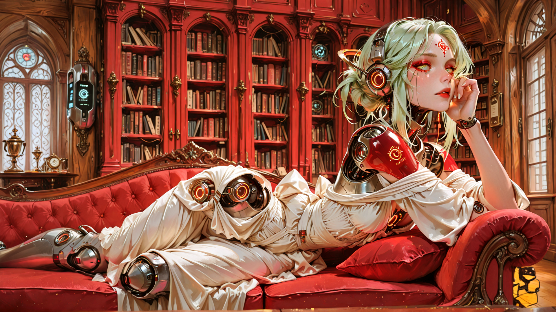 AI generated wallpaper featuring cyborg, woman, robot, bookshelf, sofa, headphones, laptop
