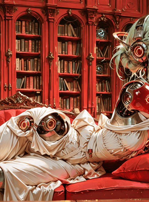 cyborg, woman, robot, bookshelf, sofa, headphones, laptop