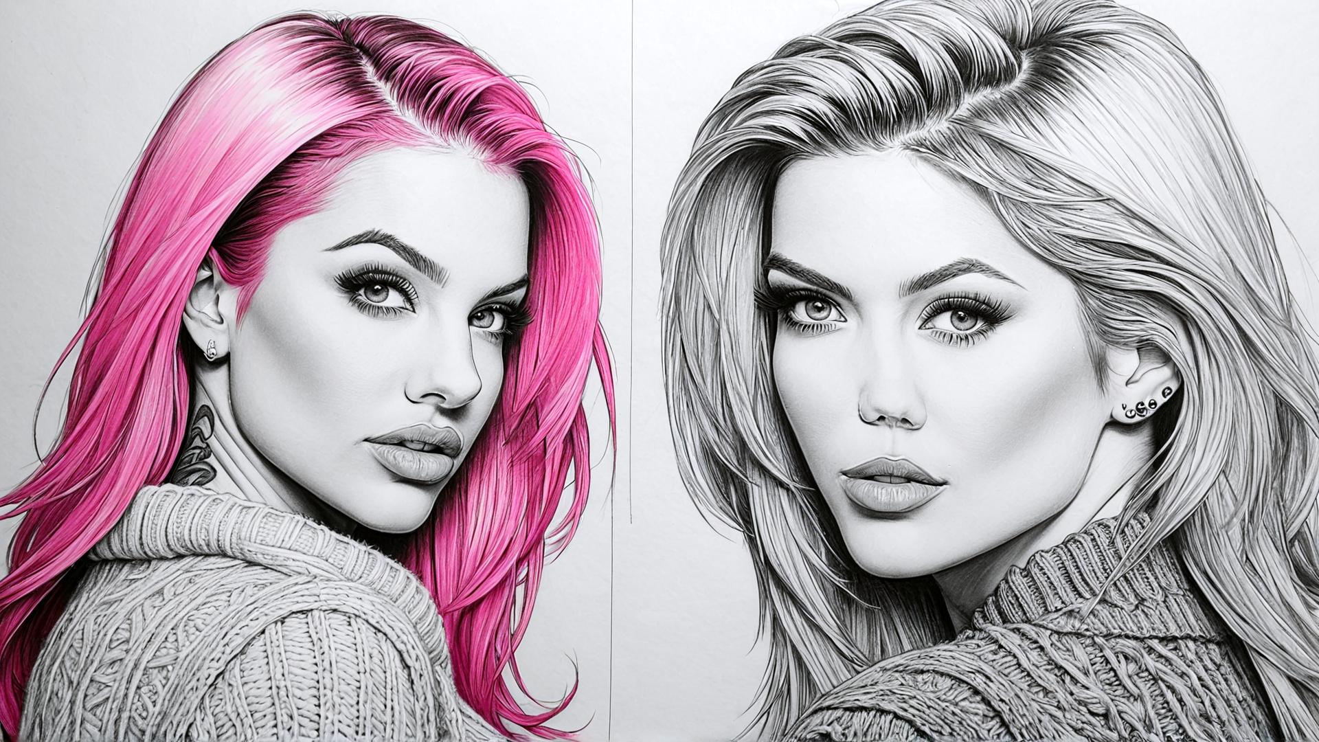 AI generated wallpaper featuring woman, hair, sweater, tattoo, earring