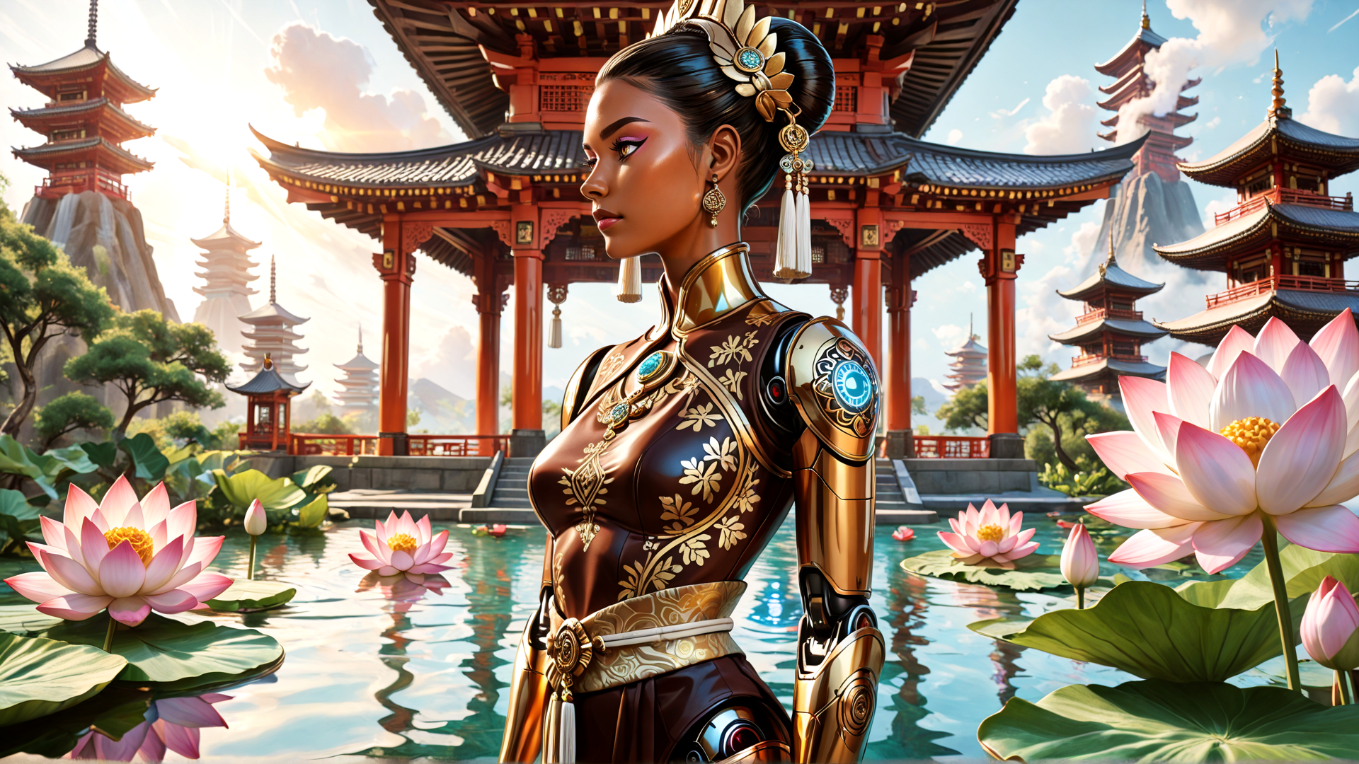 AI generated wallpaper featuring woman, robot, lotus, pagoda, garden, chinese architecture