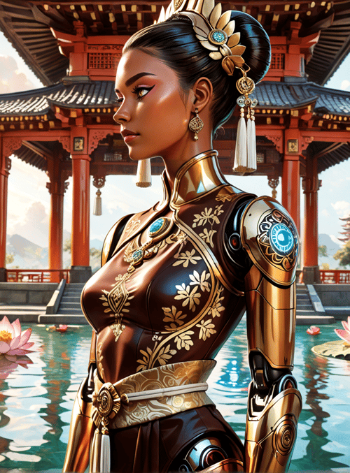 woman, robot, lotus, pagoda, garden, chinese architecture