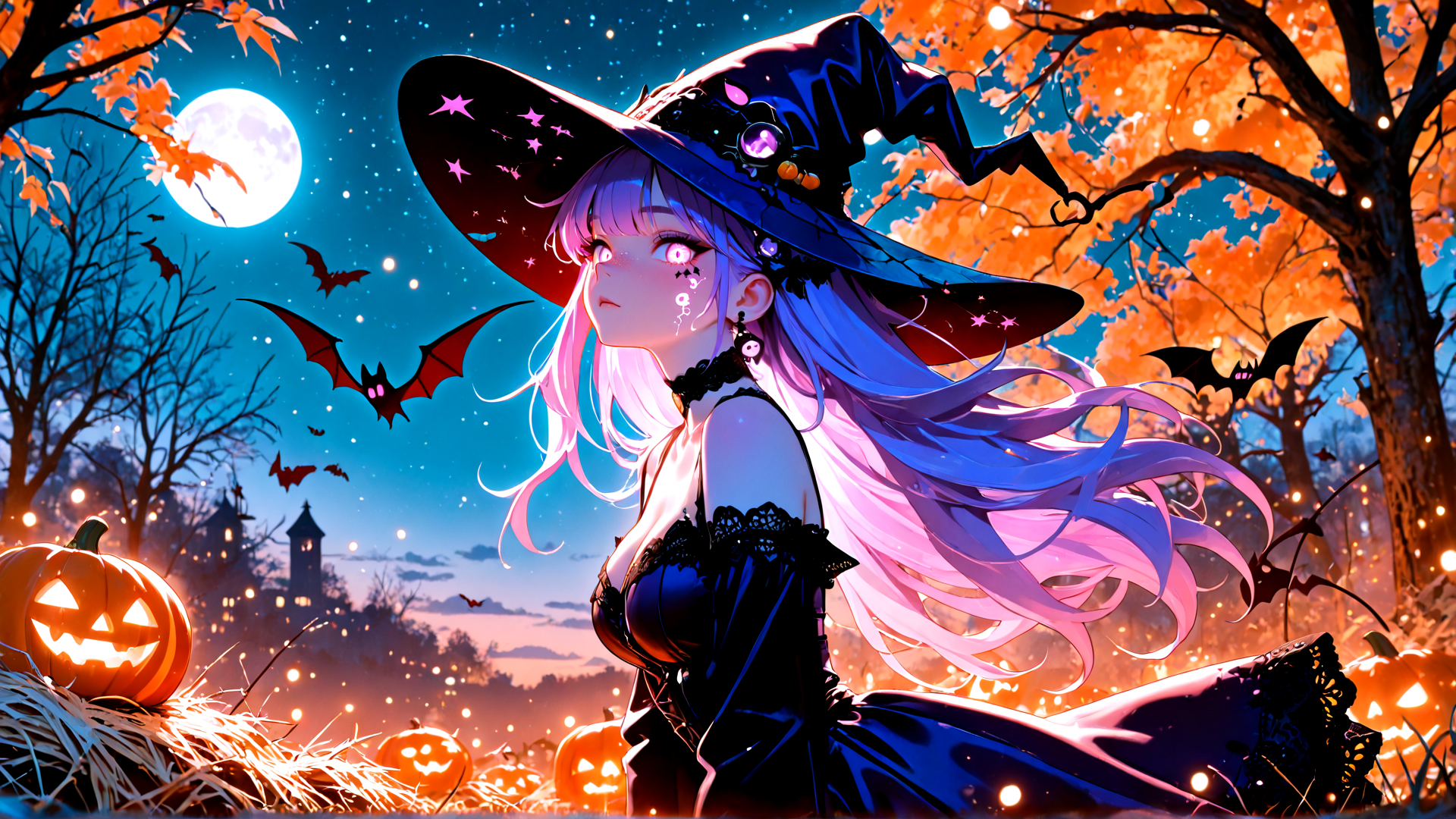 AI generated wallpaper featuring witch, pumpkin, bat, tree, moon, stars, leaf, dress, hat, girl