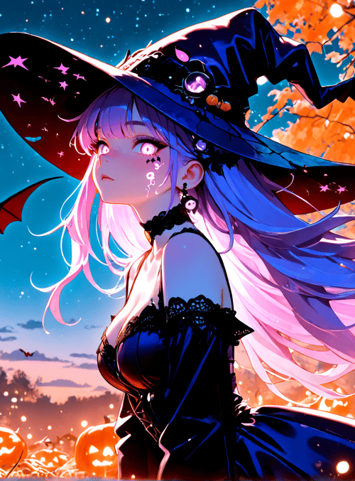 witch, pumpkin, bat, tree, moon, stars, leaf, dress, hat, girl