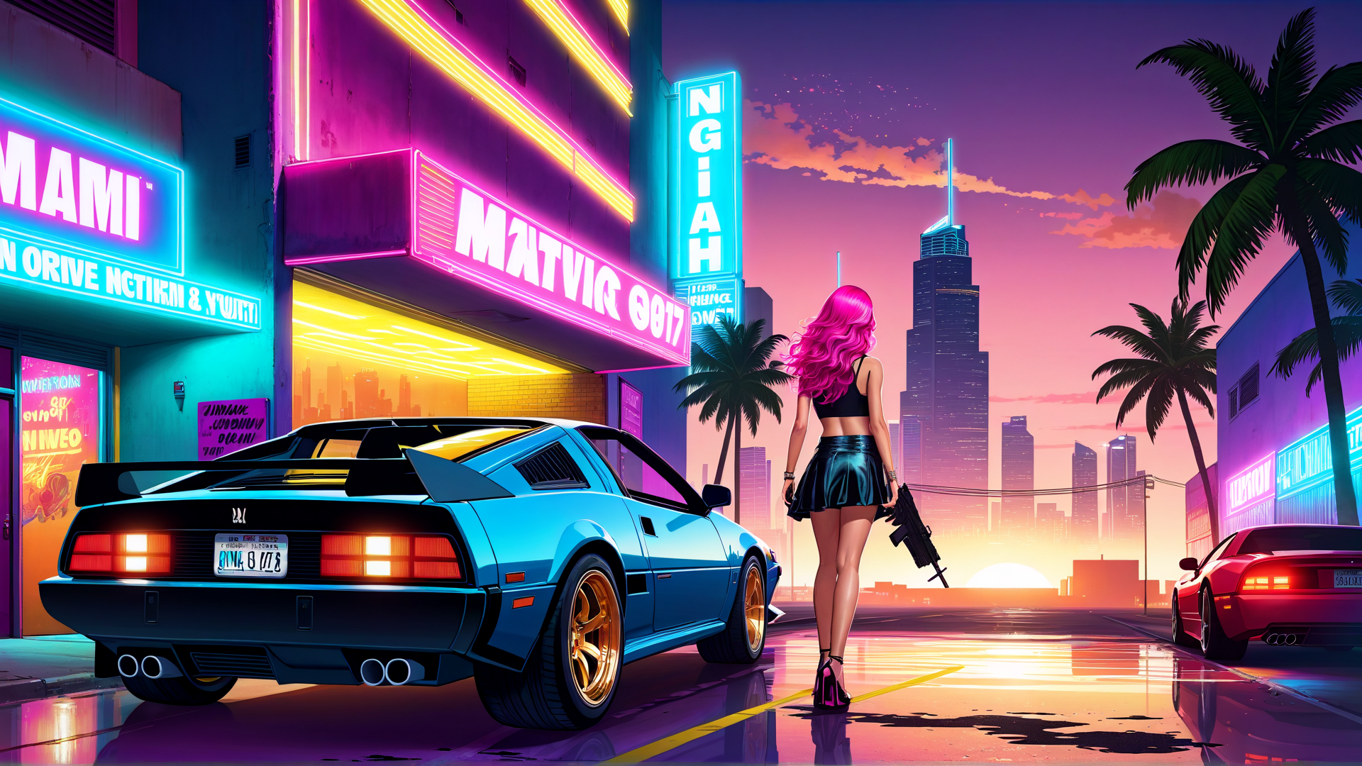 AI generated wallpaper featuring woman, car, neon signs, palm trees, city