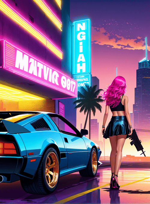woman, car, neon signs, palm trees, city