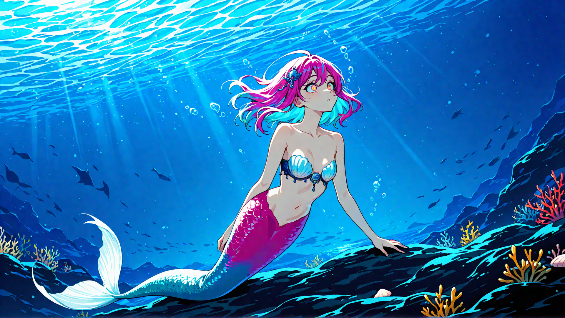 AI generated wallpaper featuring mermaid, scales, coral, fish, seabed, bubbles, sunlight, aquatic, tail, hair