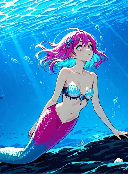 mermaid, scales, coral, fish, seabed, bubbles, sunlight, aquatic, tail, hair