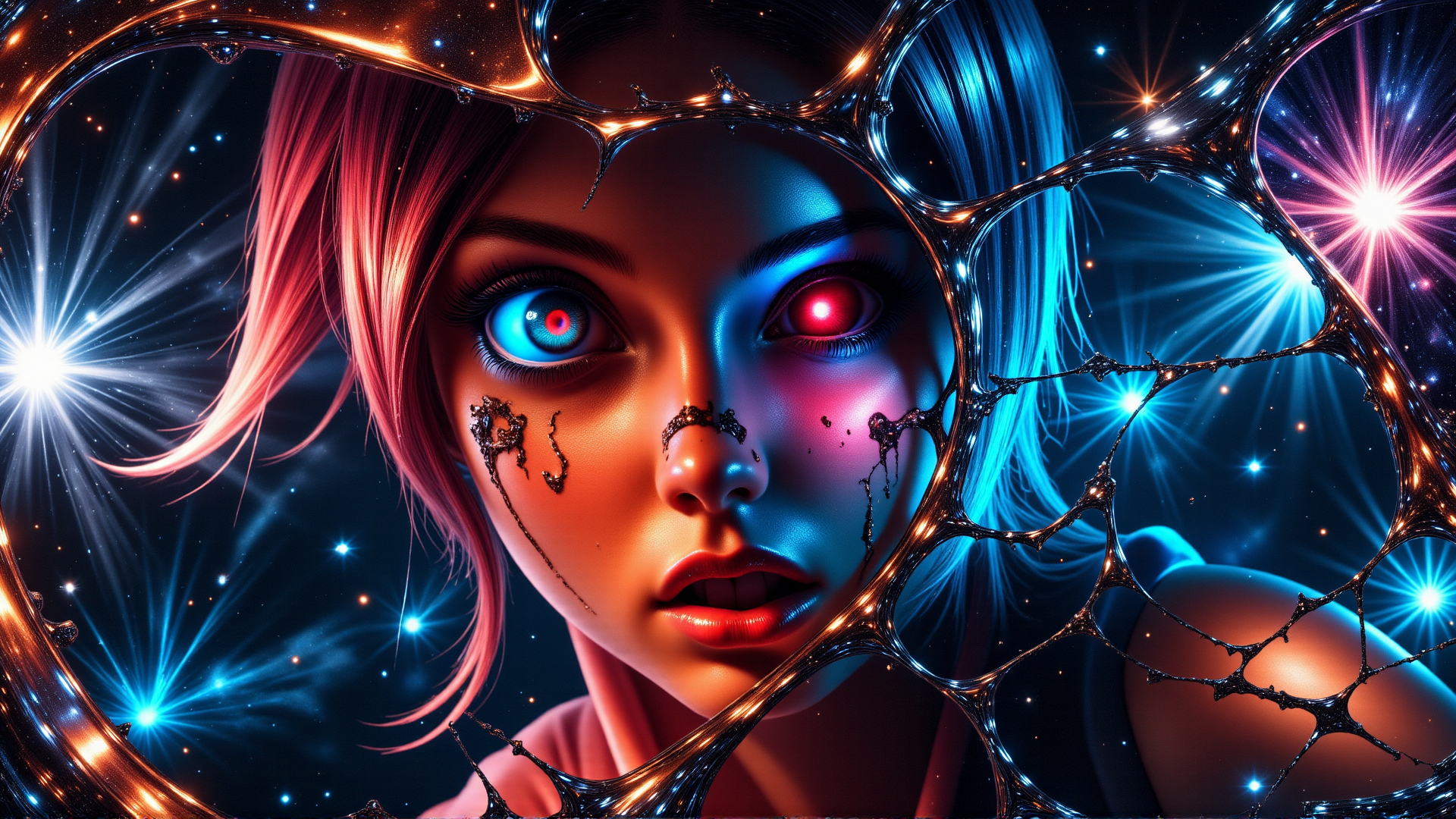 AI generated wallpaper featuring woman, galaxy, neon, cracked glass, stars, space, hair, eyes, abstract, digital art