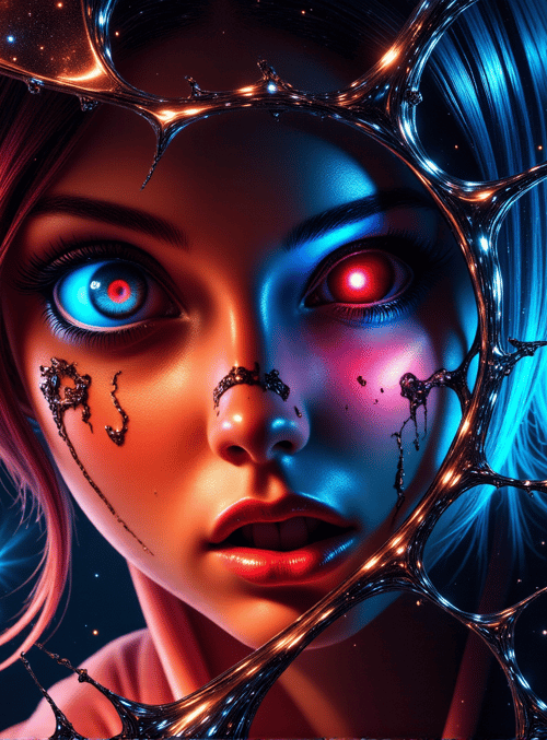 woman, galaxy, neon, cracked glass, stars, space, hair, eyes, abstract, digital art