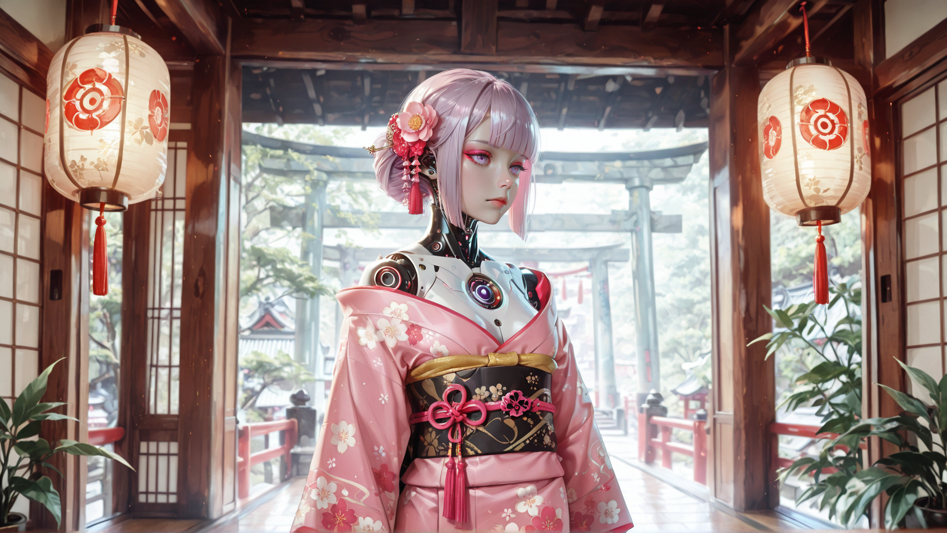 AI generated wallpaper featuring cyborg, geisha, lantern, kimono, cherry blossom, garden, wooden, structure, flower, robot