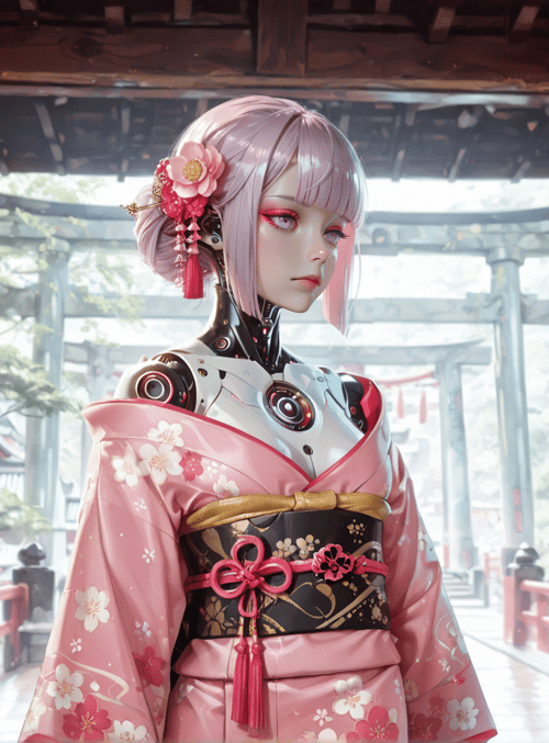 cyborg, geisha, lantern, kimono, cherry blossom, garden, wooden, structure, flower, robot