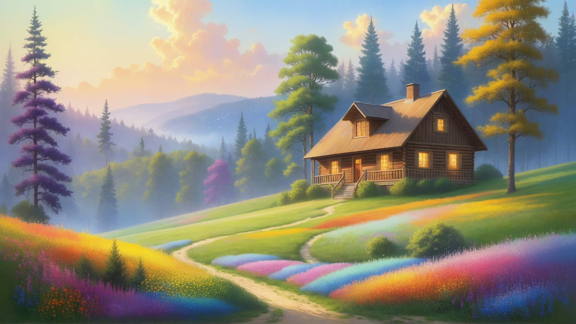 AI generated wallpaper featuring house, path, trees, flowers, mountains, sky, field, bushes, road, hills