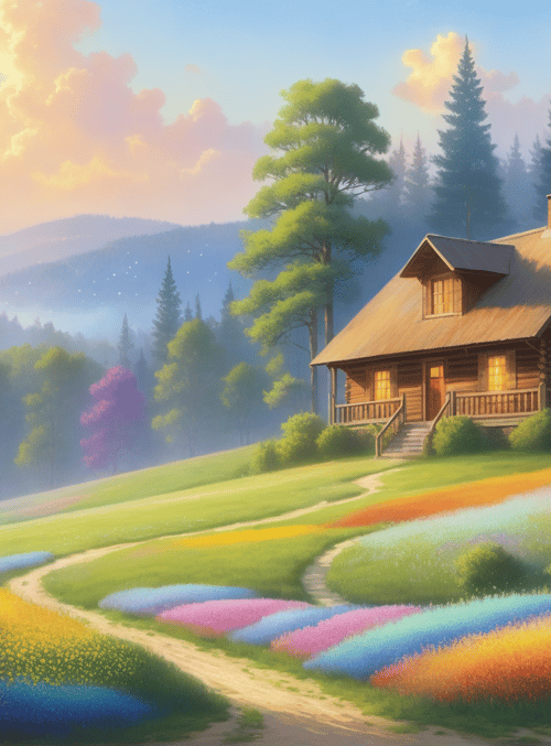 house, path, trees, flowers, mountains, sky, field, bushes, road, hills