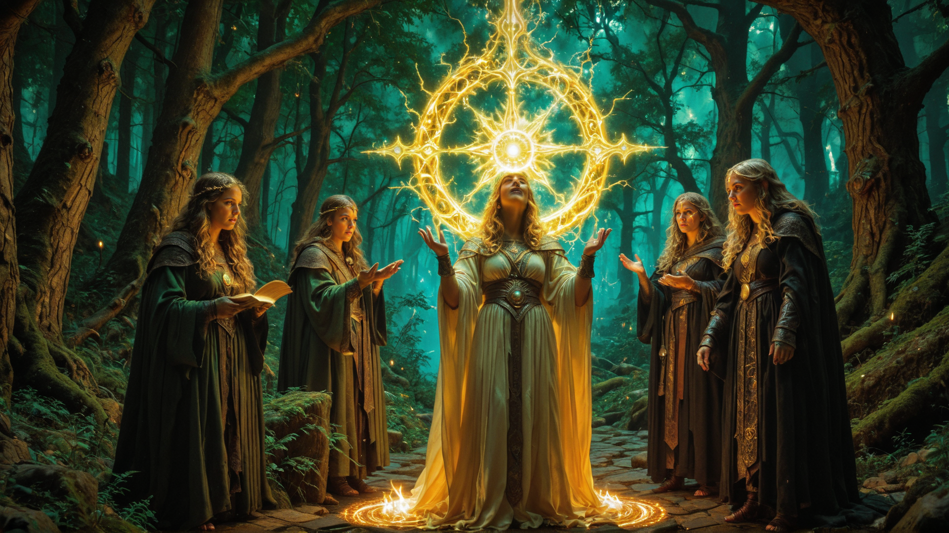 AI generated wallpaper featuring women, circle, forest
