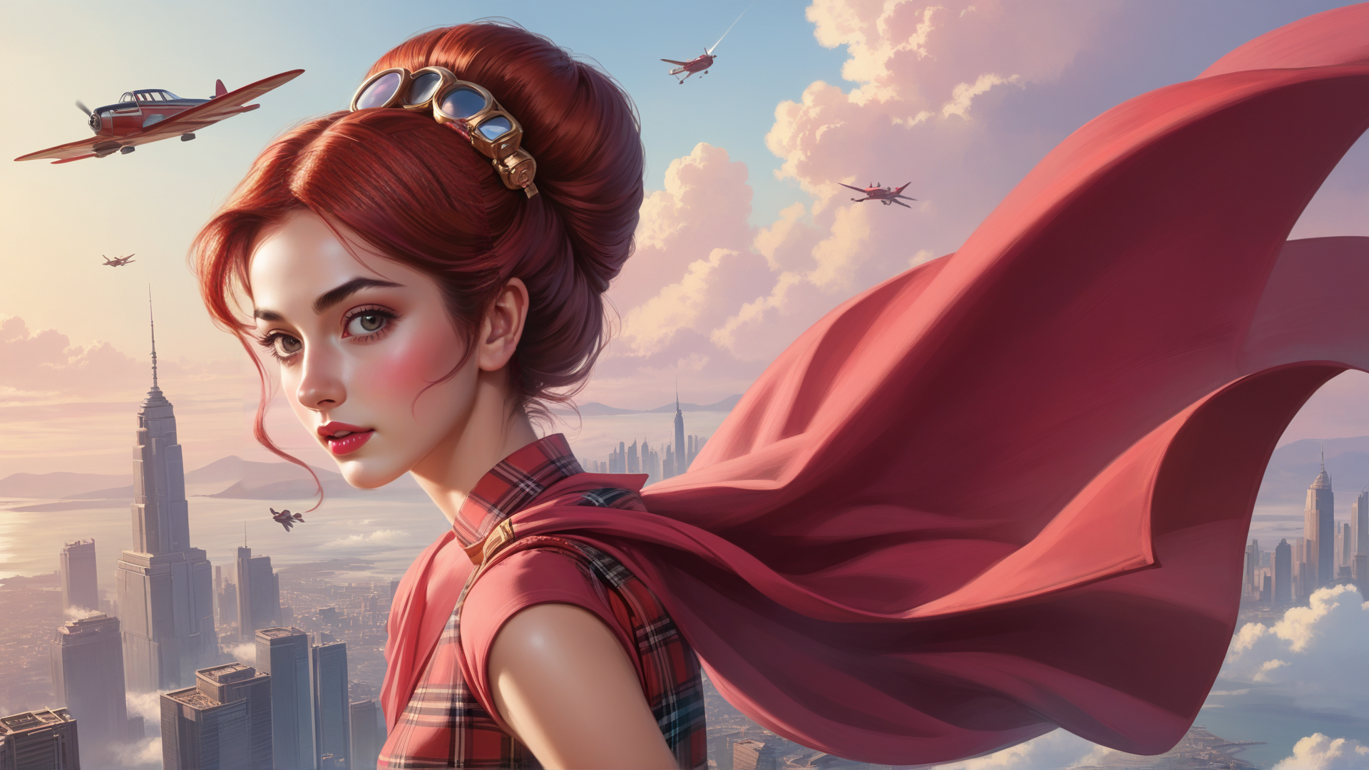 AI generated wallpaper featuring woman, airplane, cityscape, cape, goggles