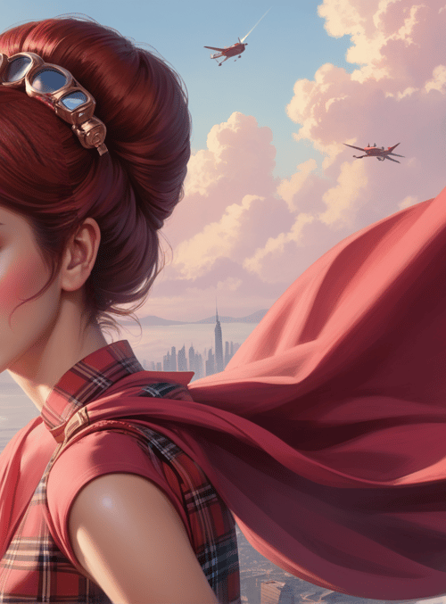 woman, airplane, cityscape, cape, goggles