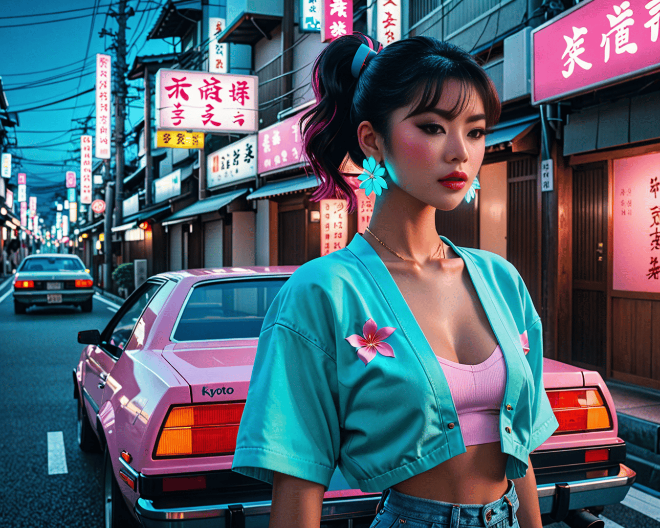 AI generated wallpaper featuring woman, car, street