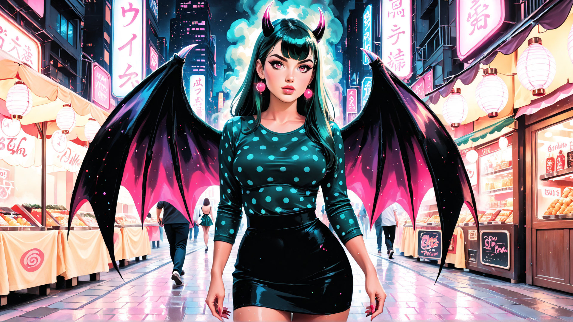 AI generated wallpaper featuring woman, devil, wings, street, signs, lanterns, market, neon, buildings, dots