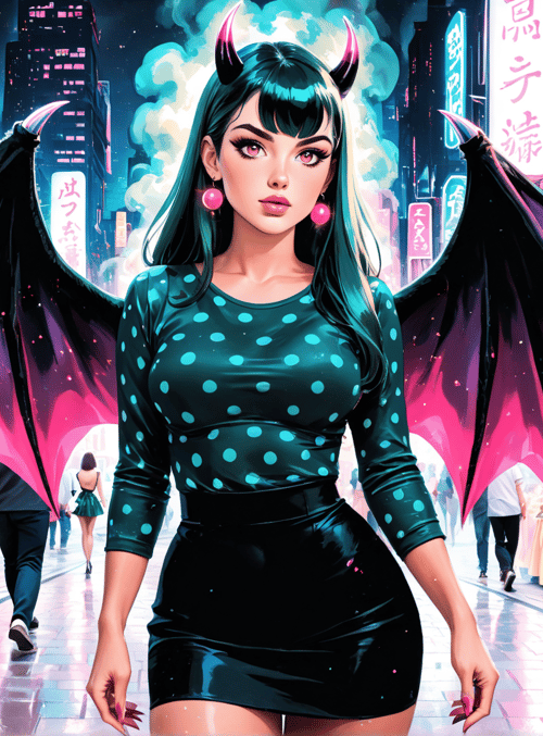 woman, devil, wings, street, signs, lanterns, market, neon, buildings, dots