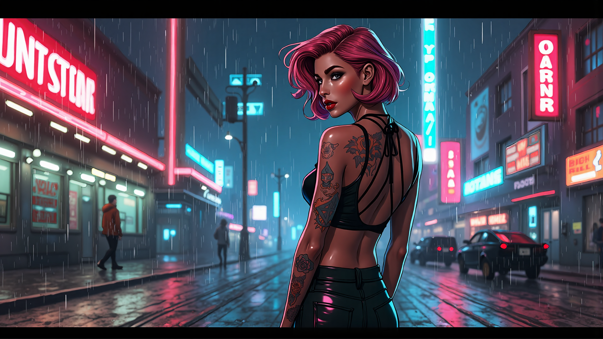 AI generated wallpaper featuring woman, tattoo, neon, rain, city, street, sign, car, building, light