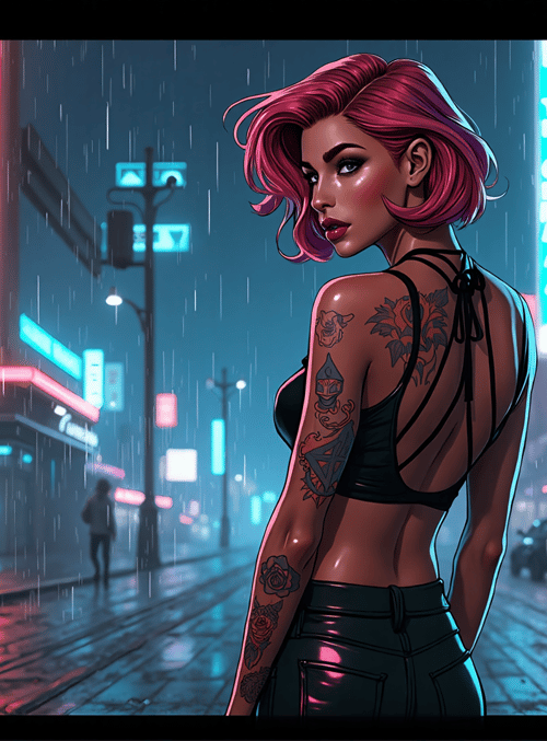 woman, tattoo, neon, rain, city, street, sign, car, building, light