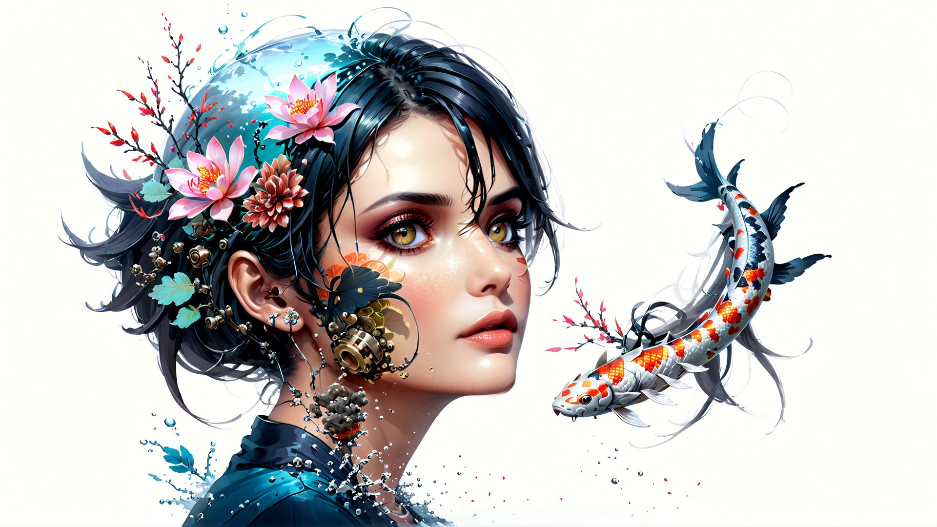 AI generated wallpaper featuring woman, koi fish, lotus, cherry blossom, butterfly, water droplet, mechanical gear, flower, branch, hair