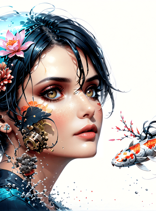 woman, koi fish, lotus, cherry blossom, butterfly, water droplet, mechanical gear, flower, branch, hair