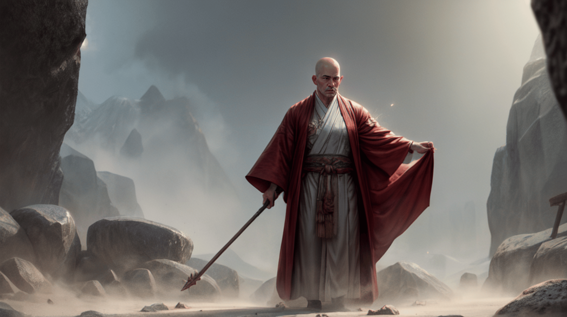 AI generated wallpaper featuring monk, spear, mountains